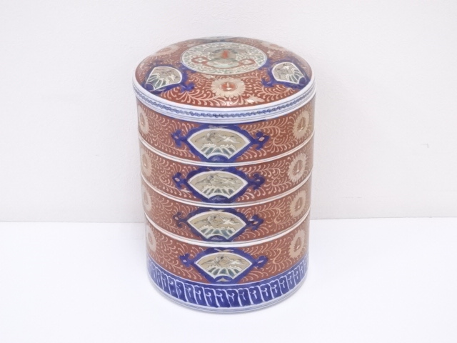 明治期　古伊万里　錦手唐草紋四段丸重